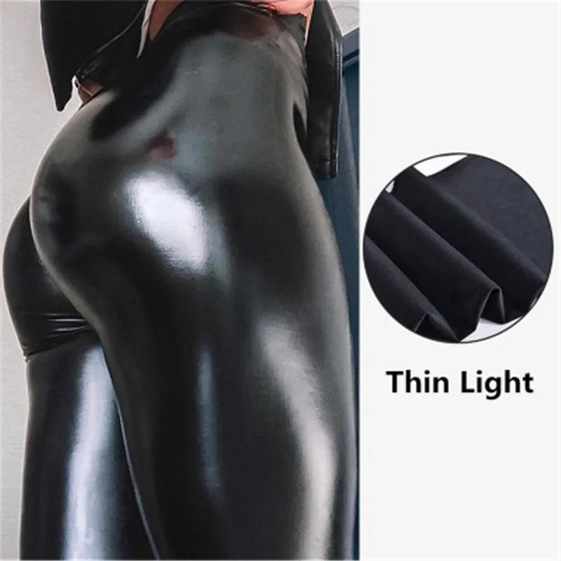 Schwarze Sexy PU Leggings Damen Hohe Taille Skinny